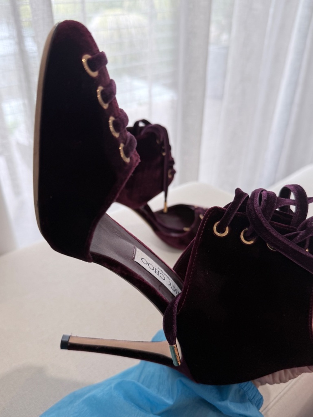 Jimmy Choo burgundy velvet lace-up d’Orsay ankle-cuff pumps. I used it 1 time! - Picture 6 of 12
